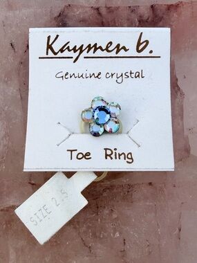 Kaymen B. Genuine Crystal Dainty Blue Flower Elastic Toe Ring, Size 2.5